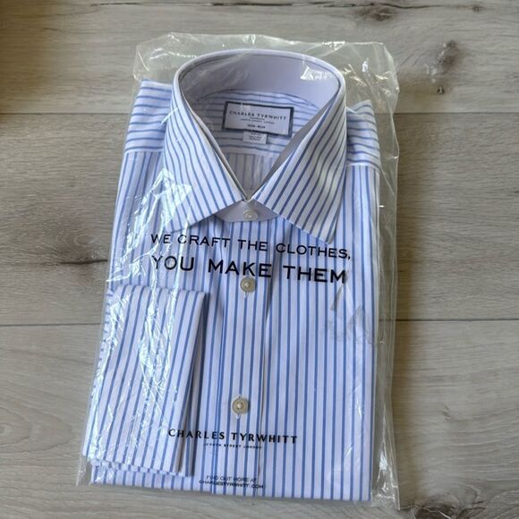 Charles Tyrwhitt Cornflower Blue Striped Twill Slim Fit 15.5 NWT in packaging - Picture 6 of 8